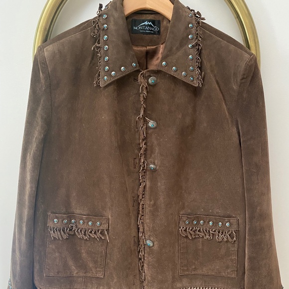 MONTANACO SW Western Fringe Turquoise Buttons Suede Leather Brown Jacket Size M - Picture 1 of 15